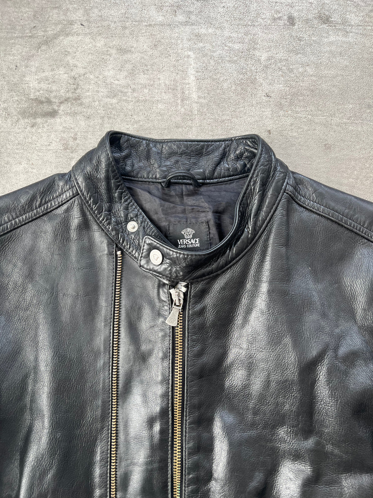 1990's Versace Jeans Double Zip Leather Cafe Racer Jacket | Medium, Black