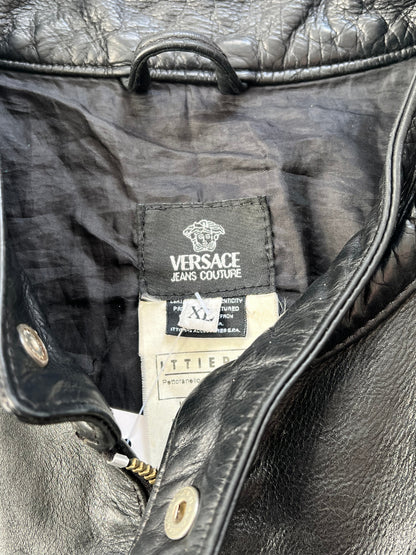1990's Versace Jeans Double Zip Leather Cafe Racer Jacket | Medium, Black