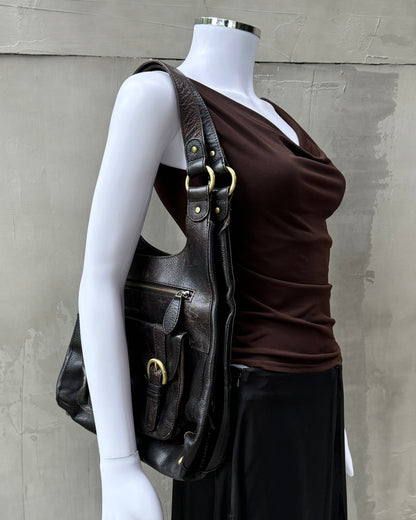 BROWN MULTI-POCKET LEATHER SHOULDER BAG