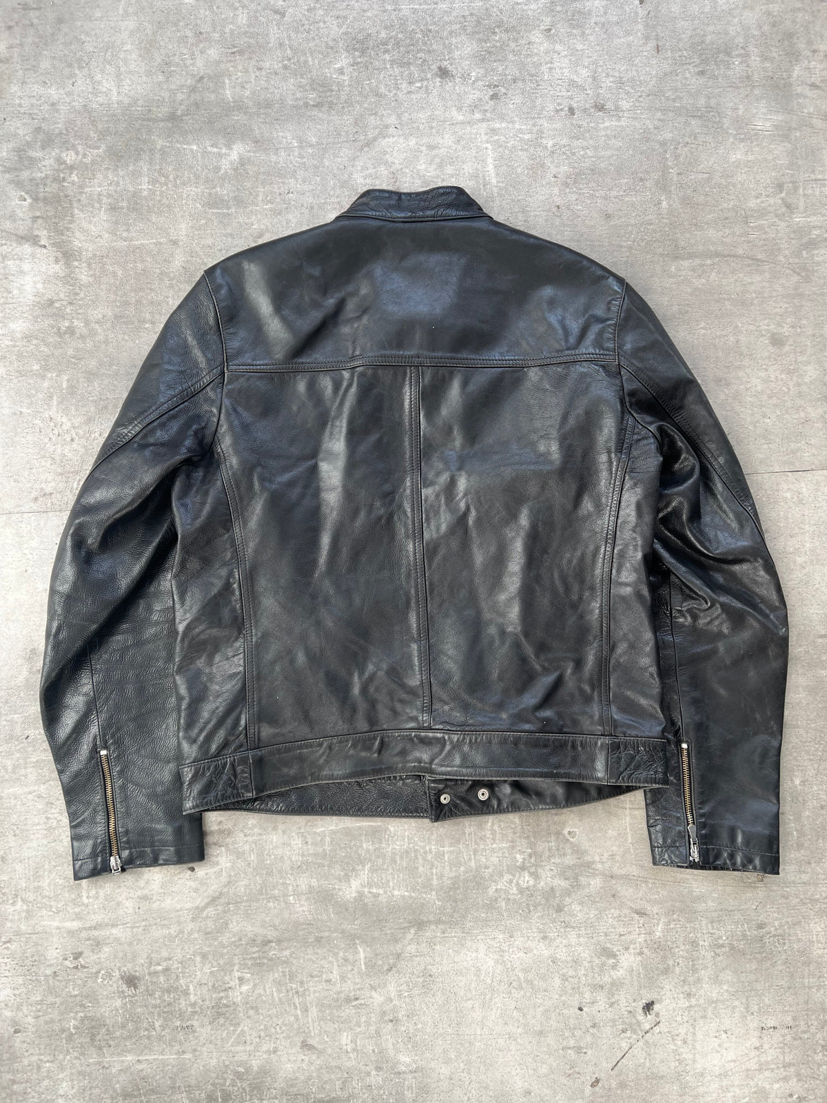 1990's Versace Jeans Double Zip Leather Cafe Racer Jacket | Medium, Black