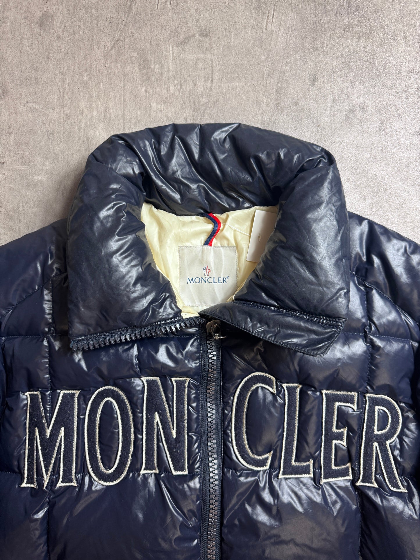 Moncler Navy Spellout Puffer Jacket