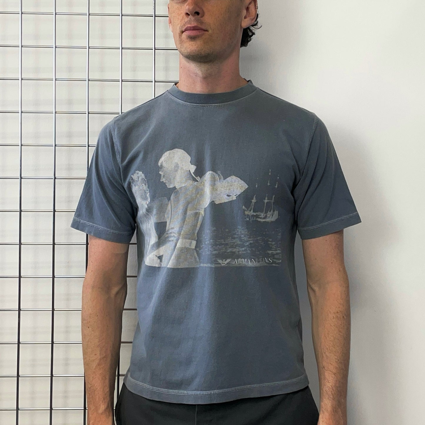 Armani Jeans Grey Blue 90s Scuba Couple Graphic T-Shirt | Medium, Blue
