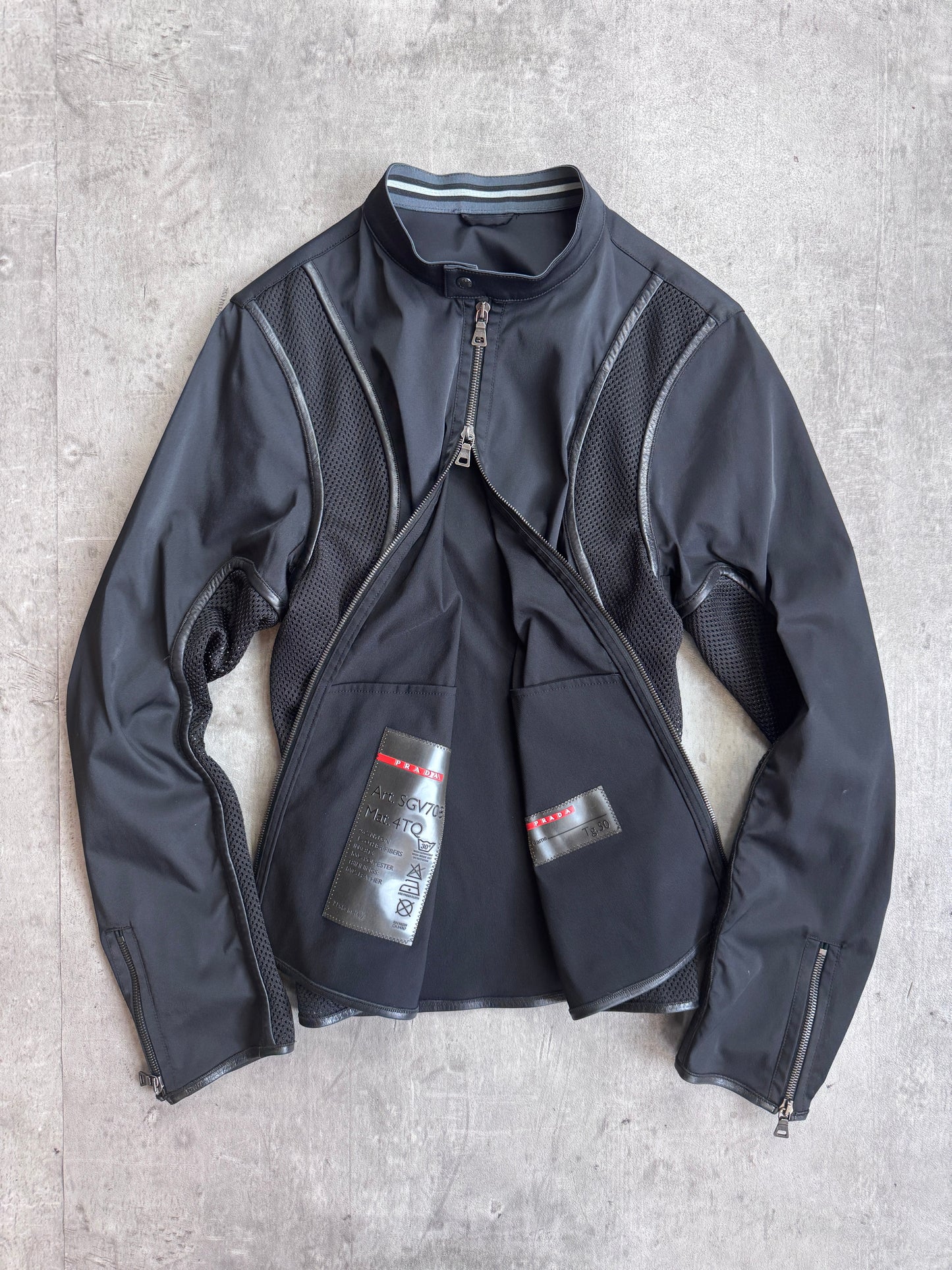 Prada Sport Panelled Mesh Leather Trim Cafe Racer Jacket