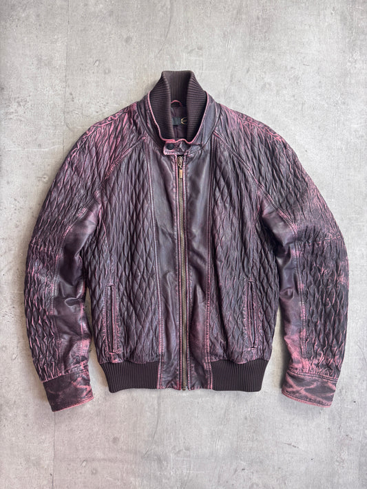 Cavalli Distressed Double Collar Ruched Leather Moto Jacket