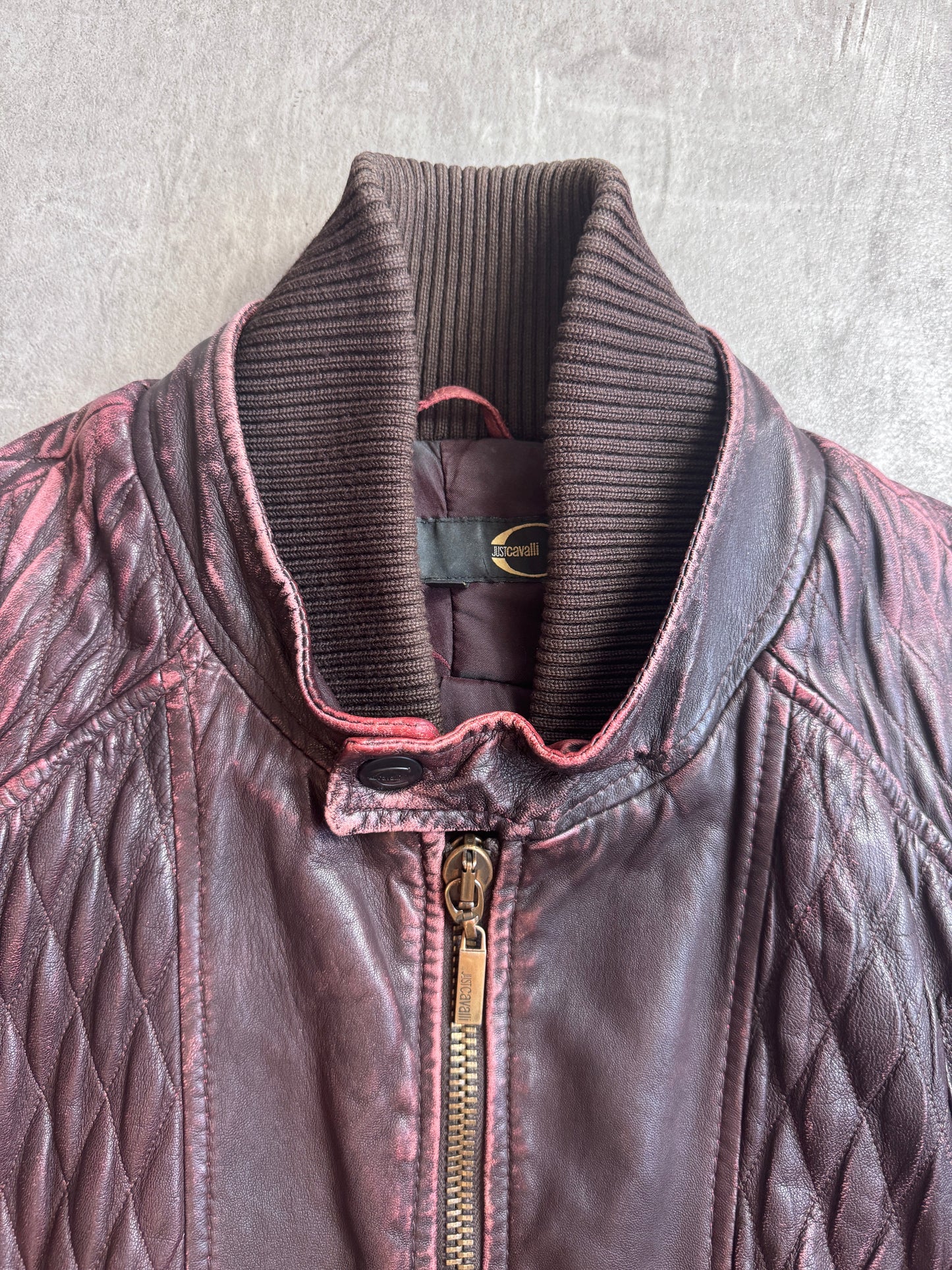 Cavalli Distressed Double Collar Ruched Leather Moto Jacket