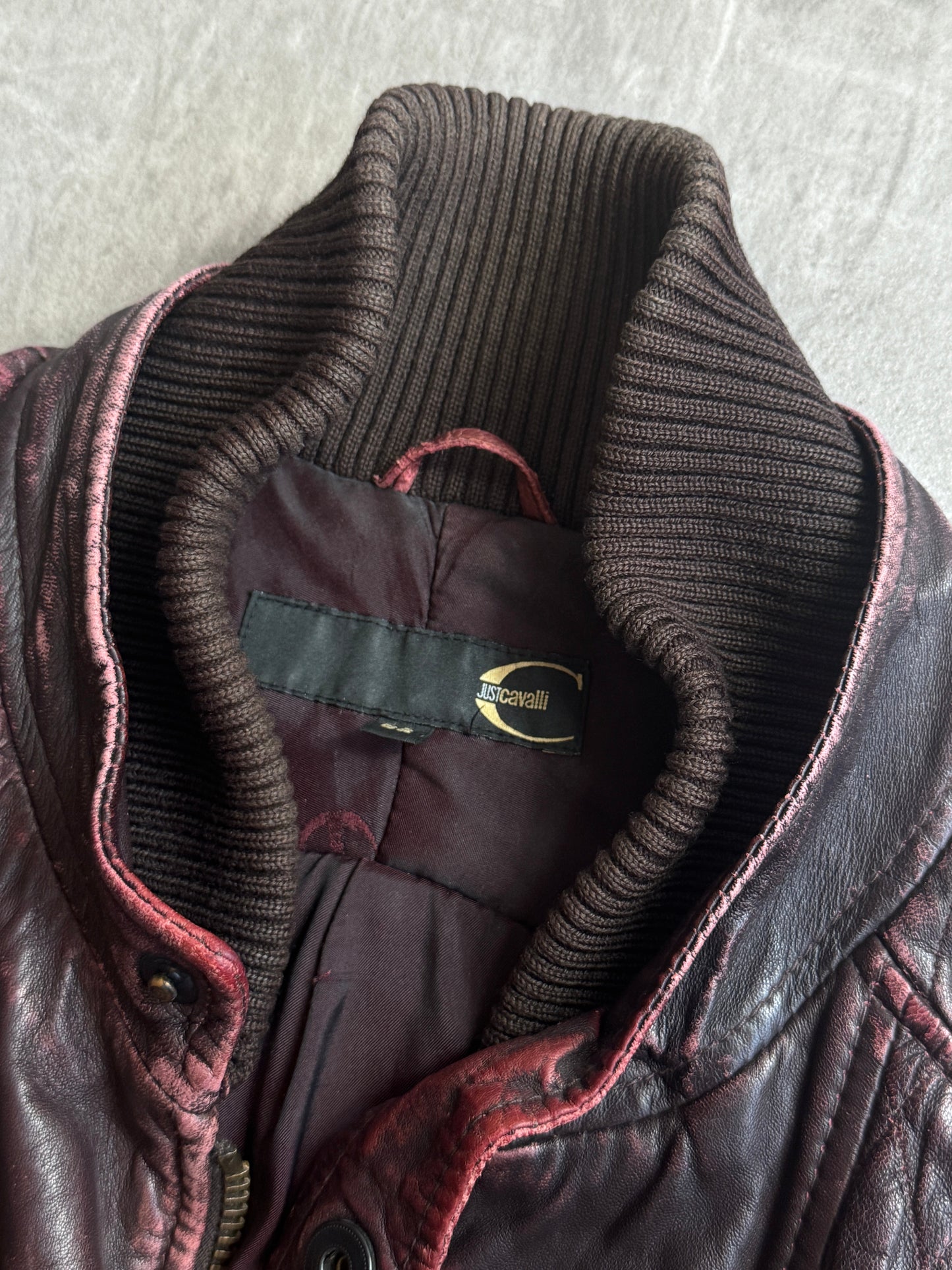 Cavalli Distressed Double Collar Ruched Leather Moto Jacket