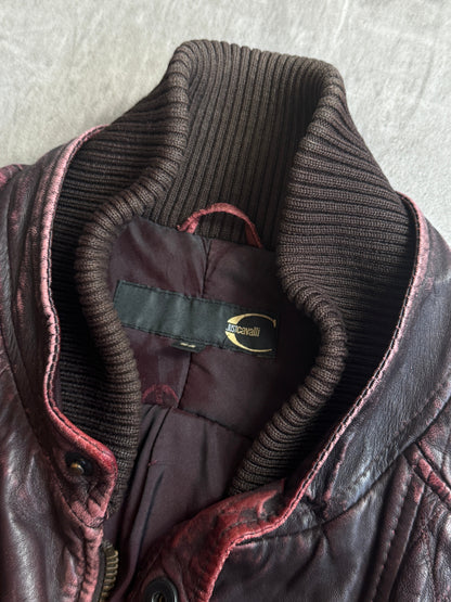 Cavalli Distressed Double Collar Ruched Leather Moto Jacket