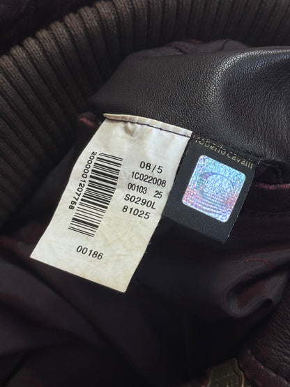 Cavalli Distressed Double Collar Ruched Leather Moto Jacket