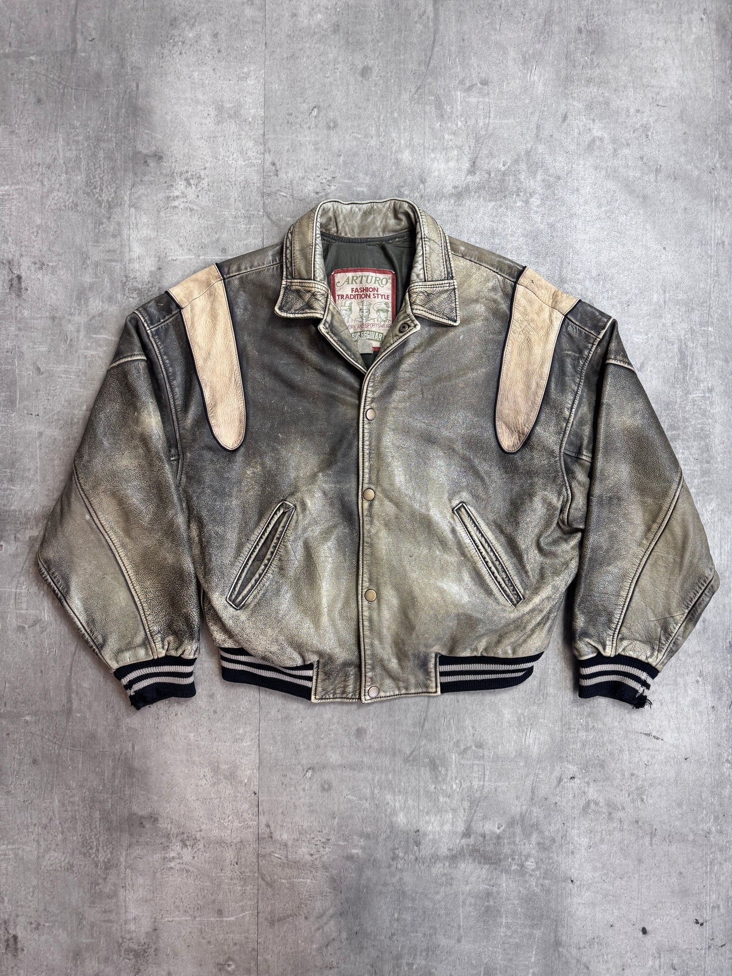 1980's Arturo Varsity Patch Distressed Leather Jacket