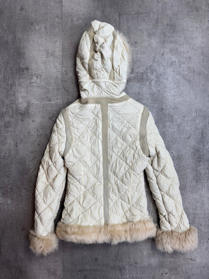 Moncler Fur Suede Trim Beige Quilted Hooded Jacket