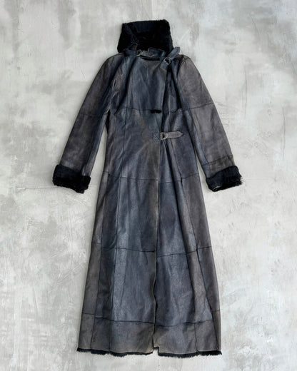 PLEIN SUD LEATHER & FUR FLOOR LENGTH BUCKLE COAT - M | Medium, Black