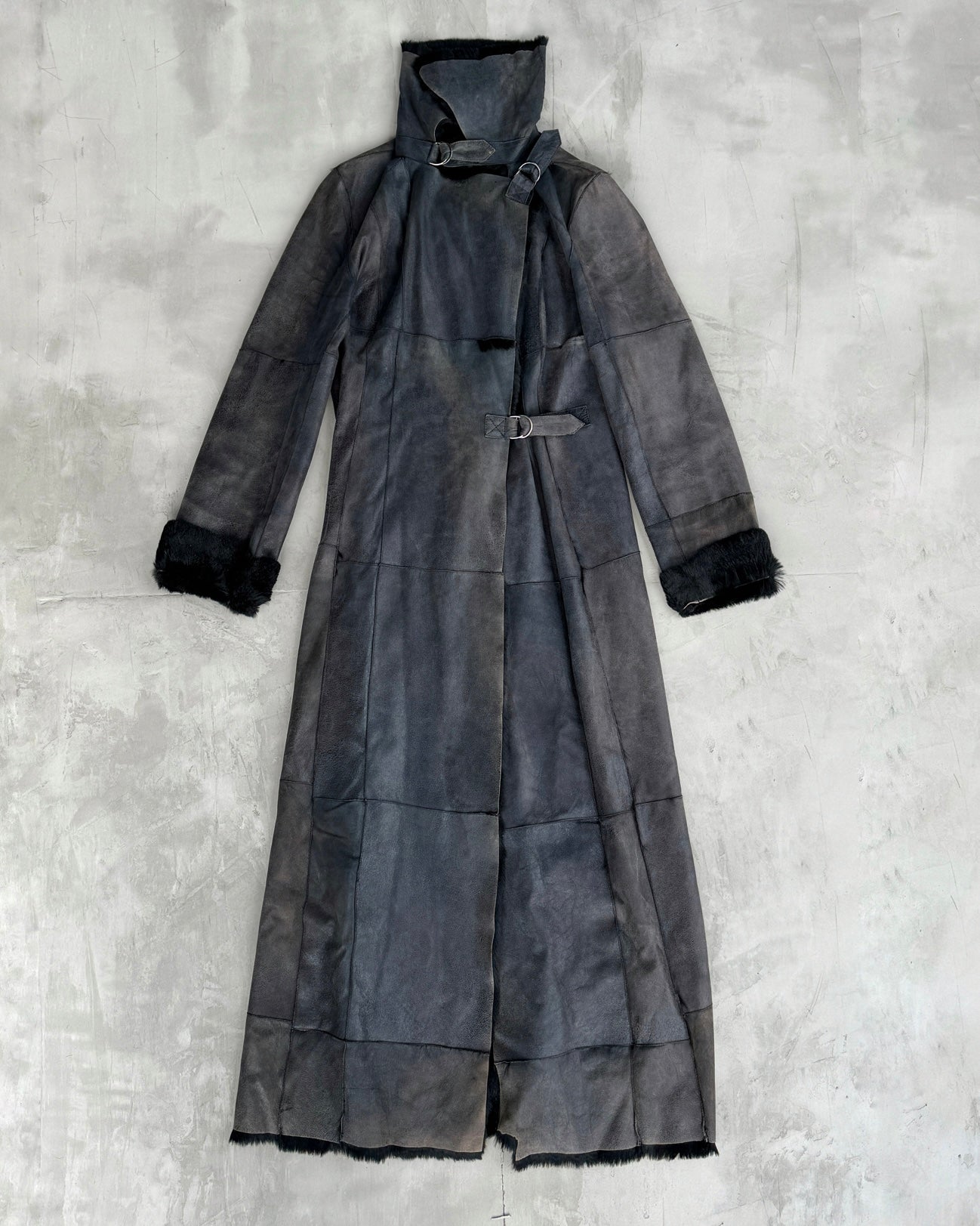 PLEIN SUD LEATHER & FUR FLOOR LENGTH BUCKLE COAT - M | Medium, Black