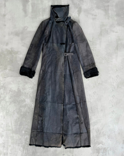 PLEIN SUD LEATHER & FUR FLOOR LENGTH BUCKLE COAT - M | Medium, Black