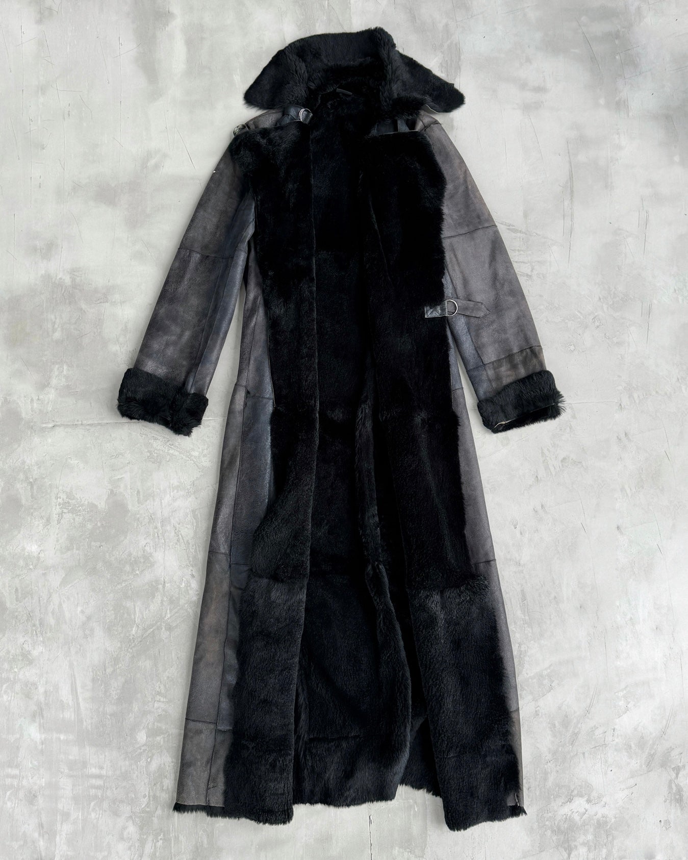 PLEIN SUD LEATHER & FUR FLOOR LENGTH BUCKLE COAT - M | Medium, Black