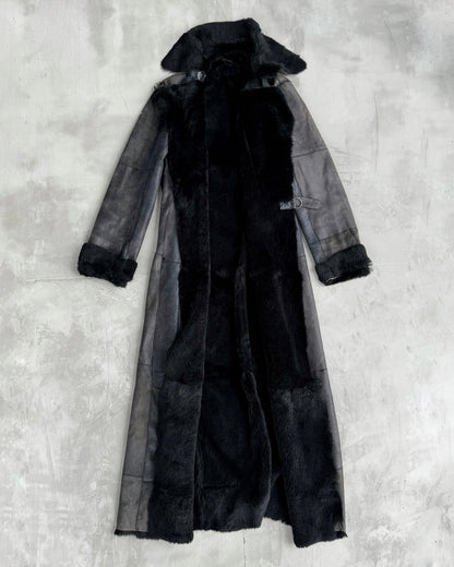 PLEIN SUD LEATHER & FUR FLOOR LENGTH BUCKLE COAT - M | Medium, Black