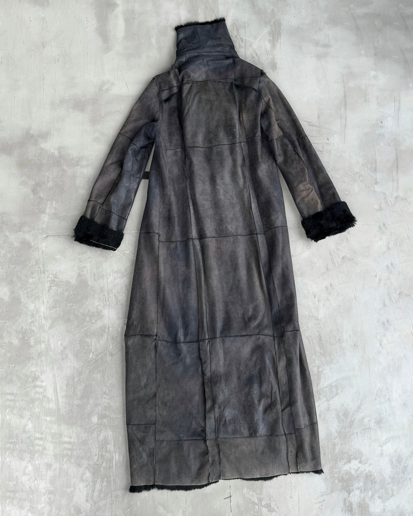 PLEIN SUD LEATHER & FUR FLOOR LENGTH BUCKLE COAT - M | Medium, Black