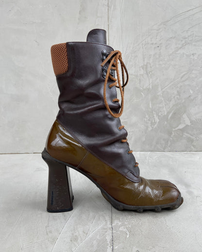 MIU MIU SS99 BUBBLE SOLE PATENT LEATHER LACE UP BOOTS - EU 39 / UK 6 | UK 6, Brown