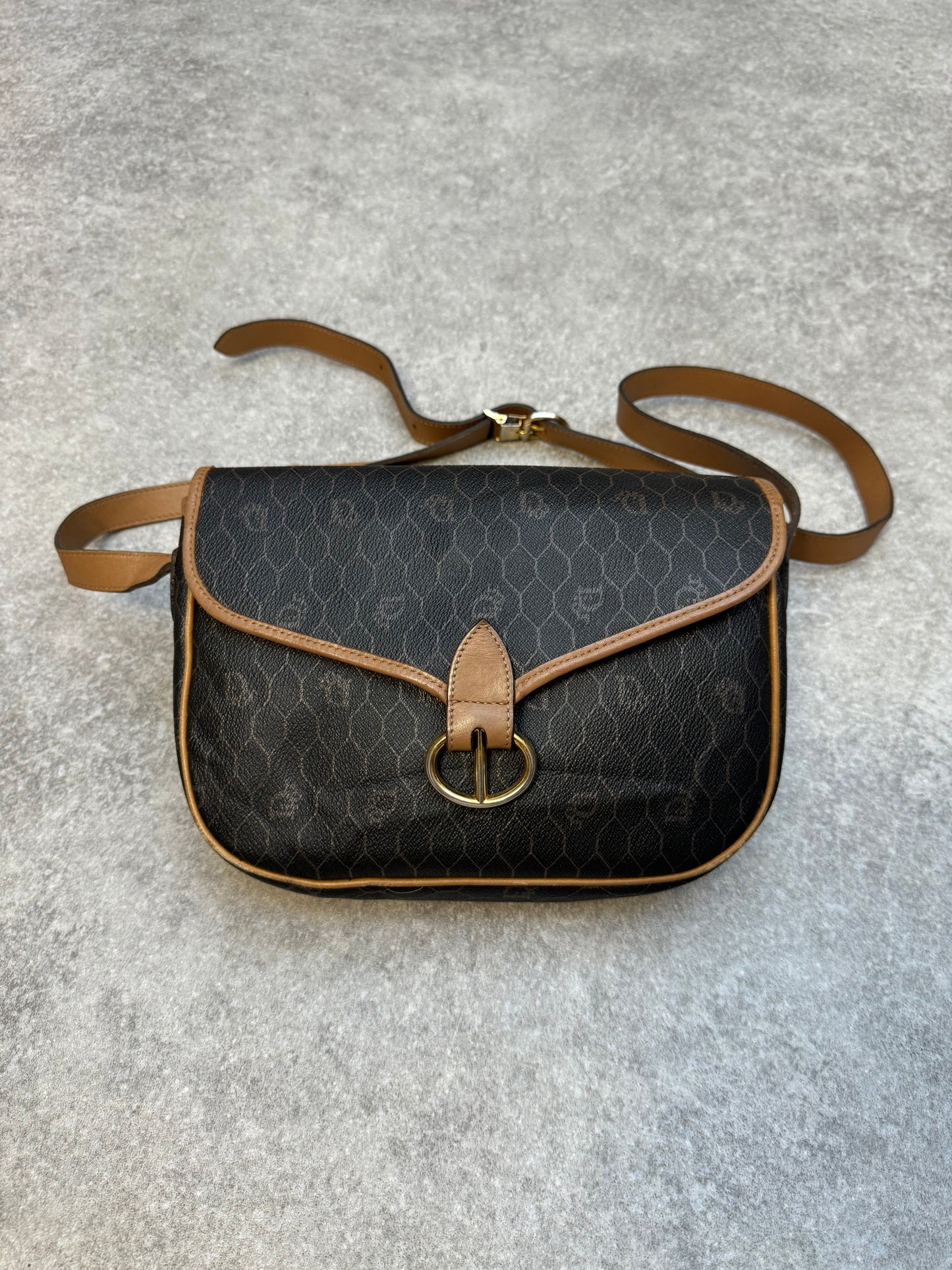 Vintage Christian Dior Honeycomb Logo Canvas Leather Crossbody