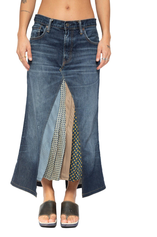 VT Rework: Pleated Reworked Tie-Detail Denim Skirt - Known Source