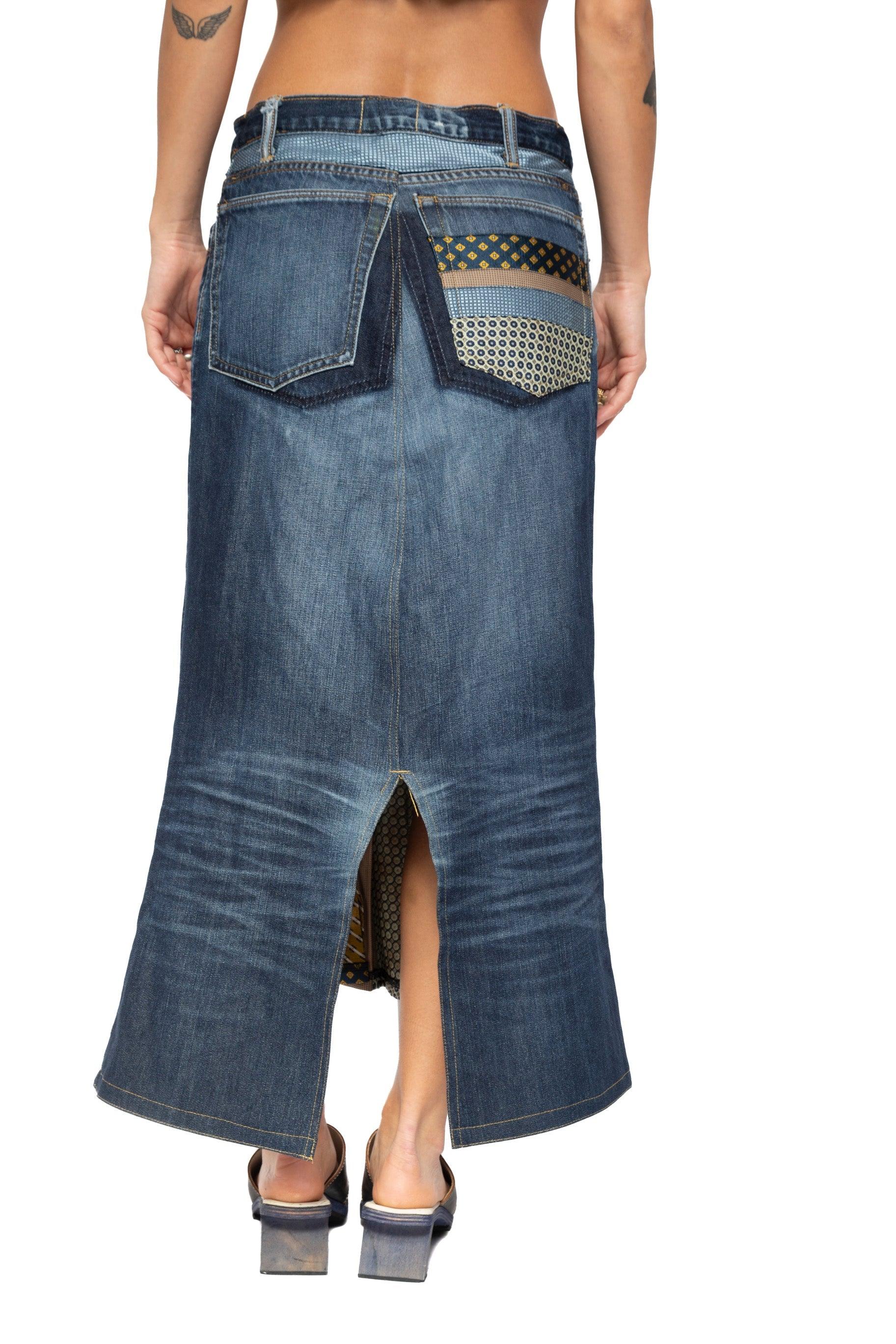 VT Rework: Pleated Reworked Tie-Detail Denim Skirt - Known Source