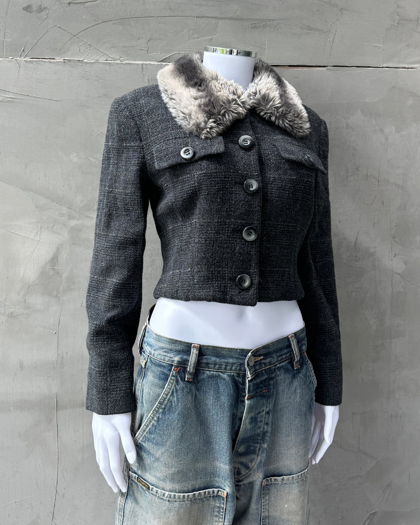SPORTMAX 90'S WOOL & FAUX FUR CROPPED JACKET - M