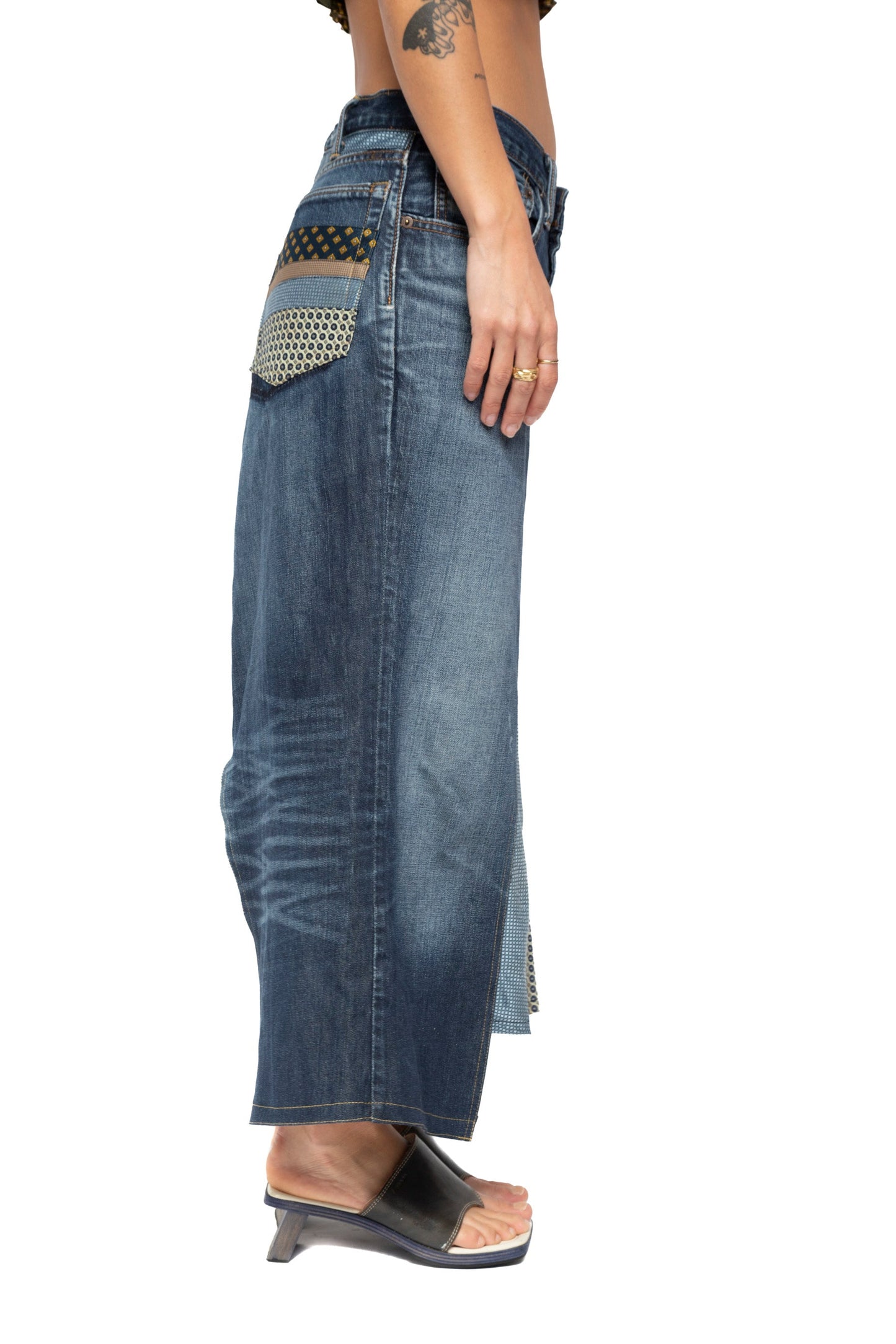 VT Rework: Pleated Reworked Tie-Detail Denim Skirt