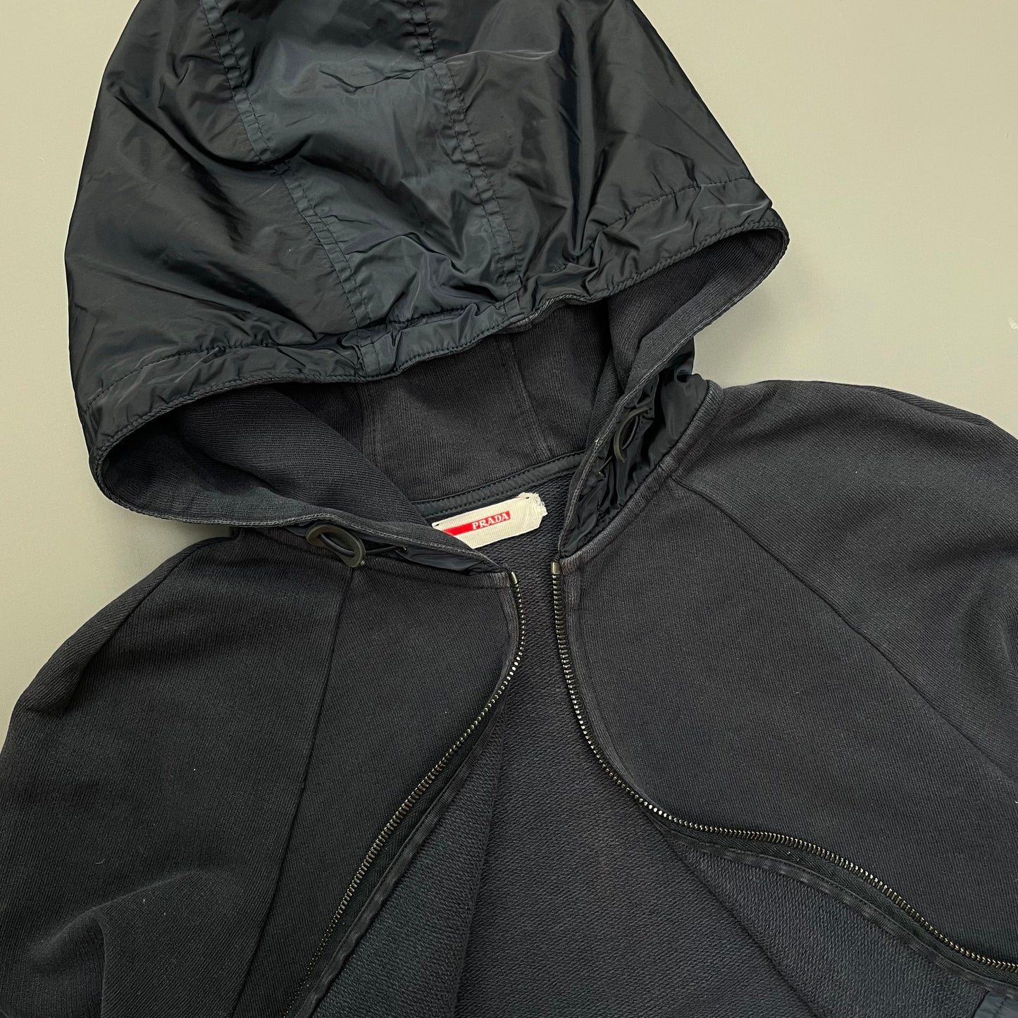 Prada Sport Navy Nylon Zip-Through Black Tab Hoodie | Small, Black