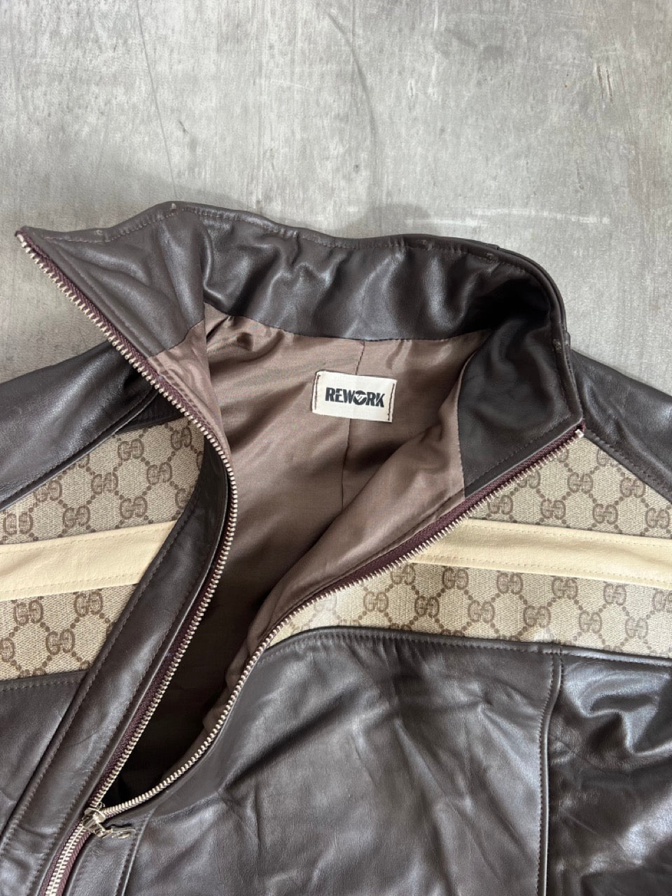 VT Rework: Gucci Leather Monogram Asymmetric Zip Jacket SC: 5782