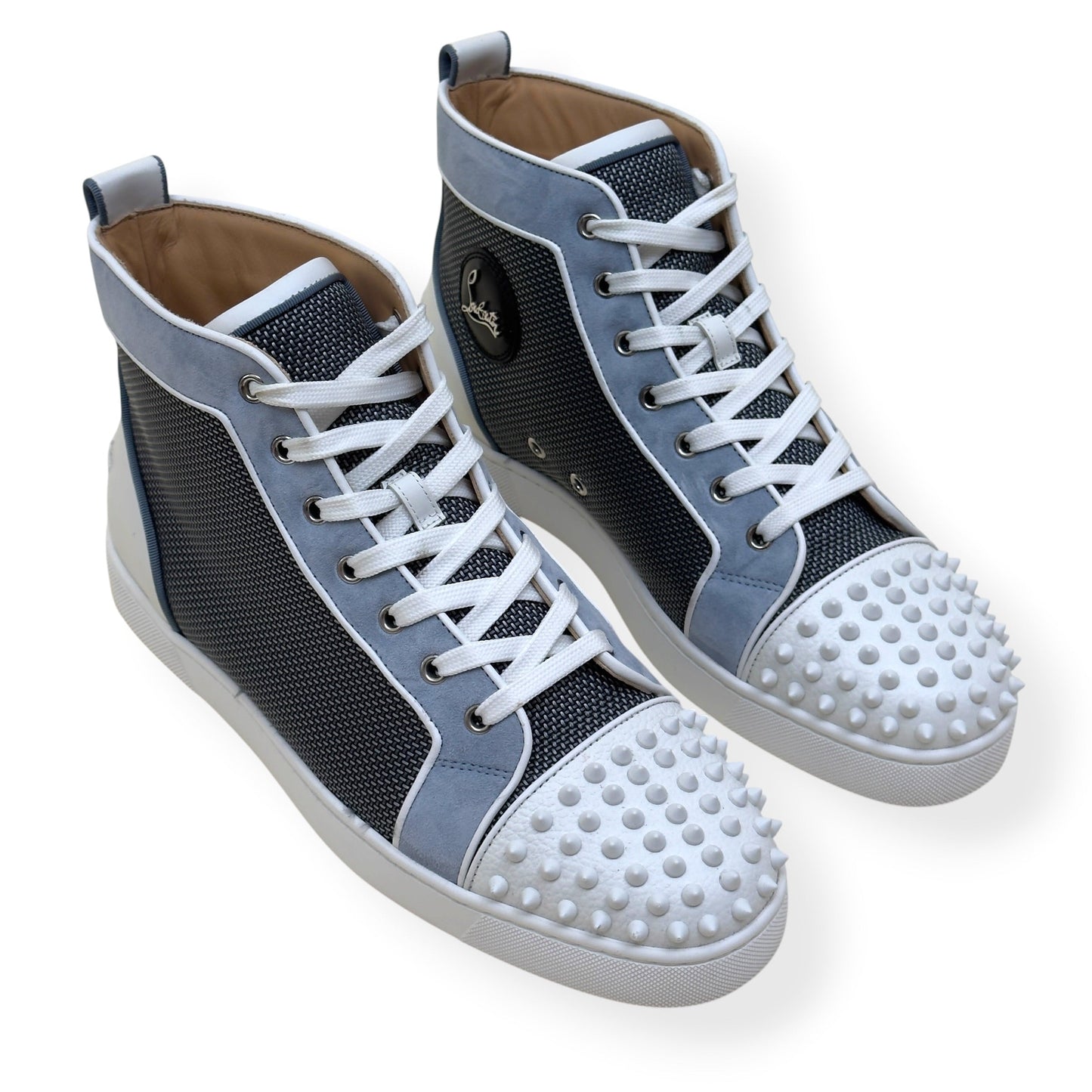 CHRISTIAN LOUBOUTIN LOUIS SPIKES HIGH-TOP SUEDE / MESH SNEAKER GREY / WHITE 44 / UK10 | UK 10, Grey