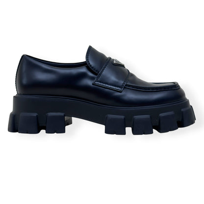 PRADA MONOLITH BRUSHED LEATHER LOAFER BLACK UK9 | UK 9, Black