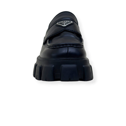 PRADA MONOLITH BRUSHED LEATHER LOAFER BLACK UK9 | UK 9, Black