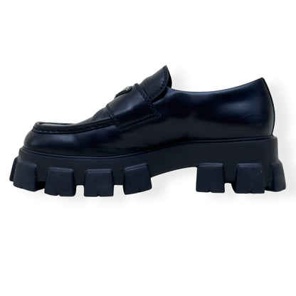PRADA MONOLITH BRUSHED LEATHER LOAFER BLACK UK9 | UK 9, Black