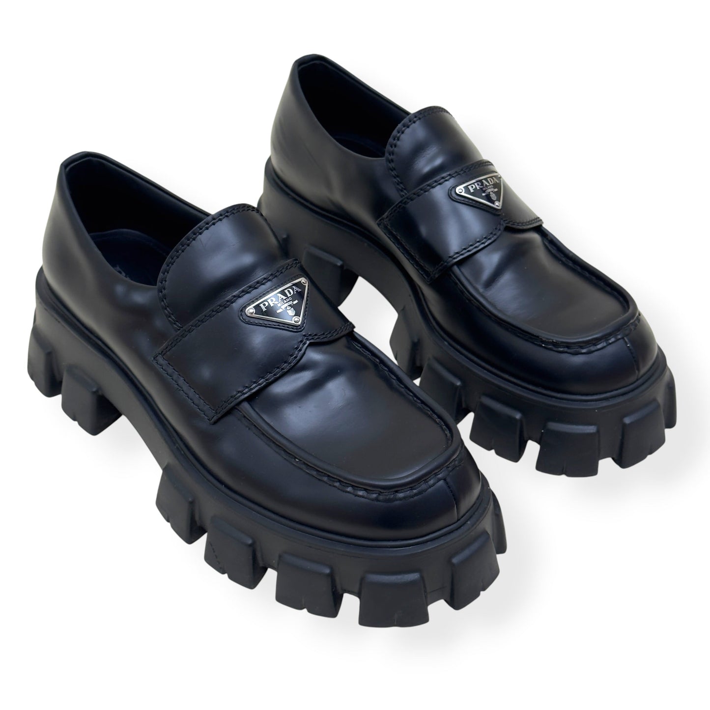 PRADA MONOLITH BRUSHED LEATHER LOAFER BLACK UK9 | UK 9, Black