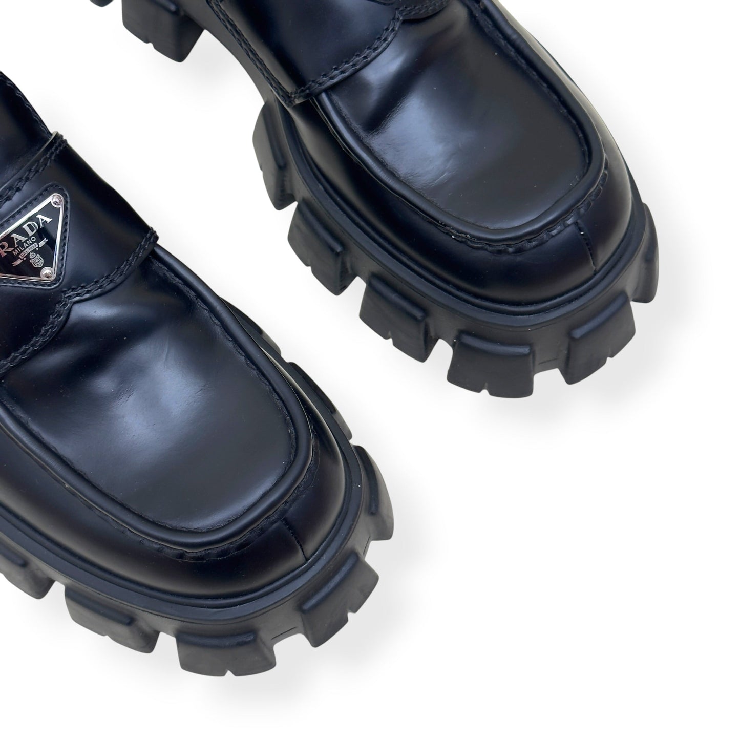 PRADA MONOLITH BRUSHED LEATHER LOAFER BLACK UK9 | UK 9, Black