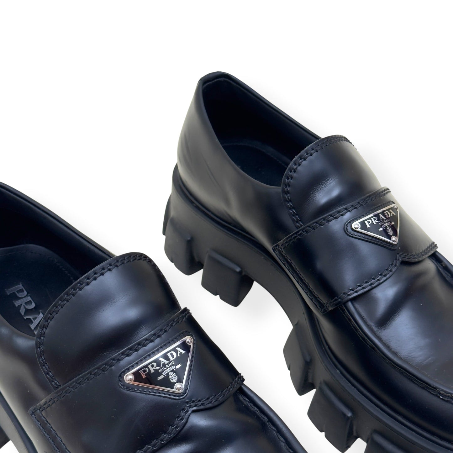 PRADA MONOLITH BRUSHED LEATHER LOAFER BLACK UK9 | UK 9, Black