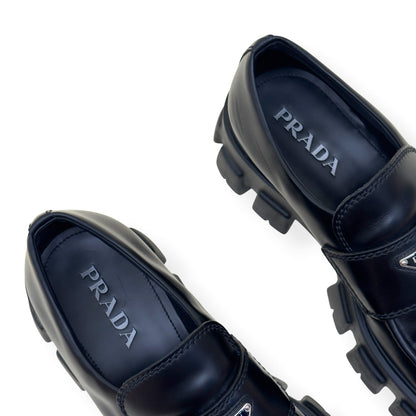 PRADA MONOLITH BRUSHED LEATHER LOAFER BLACK UK9 | UK 9, Black