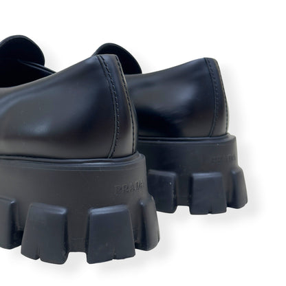 PRADA MONOLITH BRUSHED LEATHER LOAFER BLACK UK9 | UK 9, Black