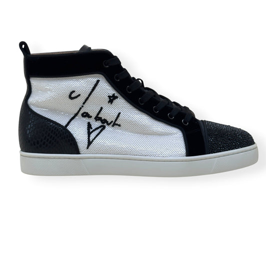 CHRISTIAN LOUBOUTIN LOUIS JUNIOR SPIKES STRASS HIGH-TOP SNEAKER BLACK / WHITE 44 / UK10 | UK 10, Black
