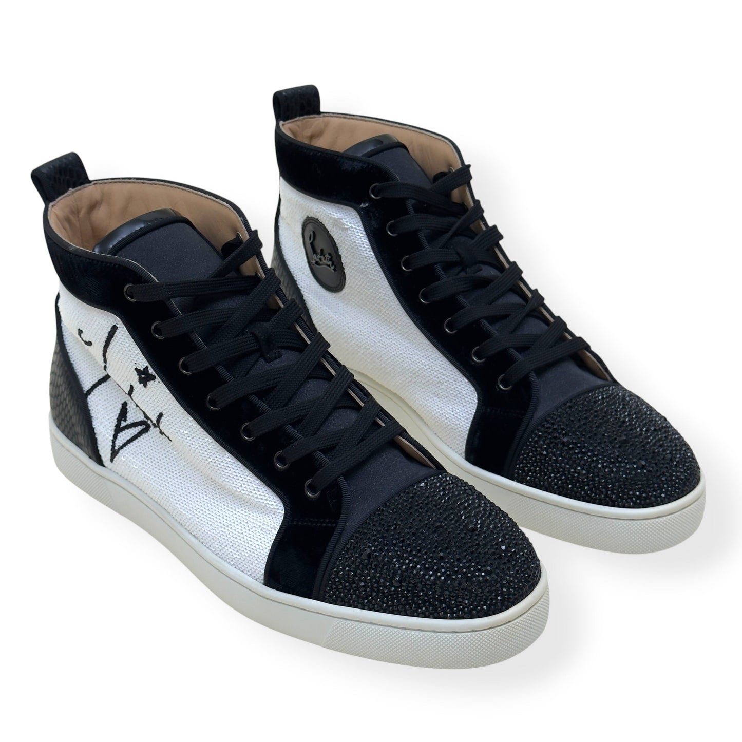 CHRISTIAN LOUBOUTIN LOUIS JUNIOR SPIKES STRASS HIGH-TOP SNEAKER BLACK / WHITE 44 / UK10 | UK 10, Black
