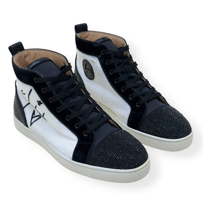 CHRISTIAN LOUBOUTIN LOUIS JUNIOR SPIKES STRASS HIGH-TOP SNEAKER BLACK / WHITE 44 / UK10 | UK 10, Black