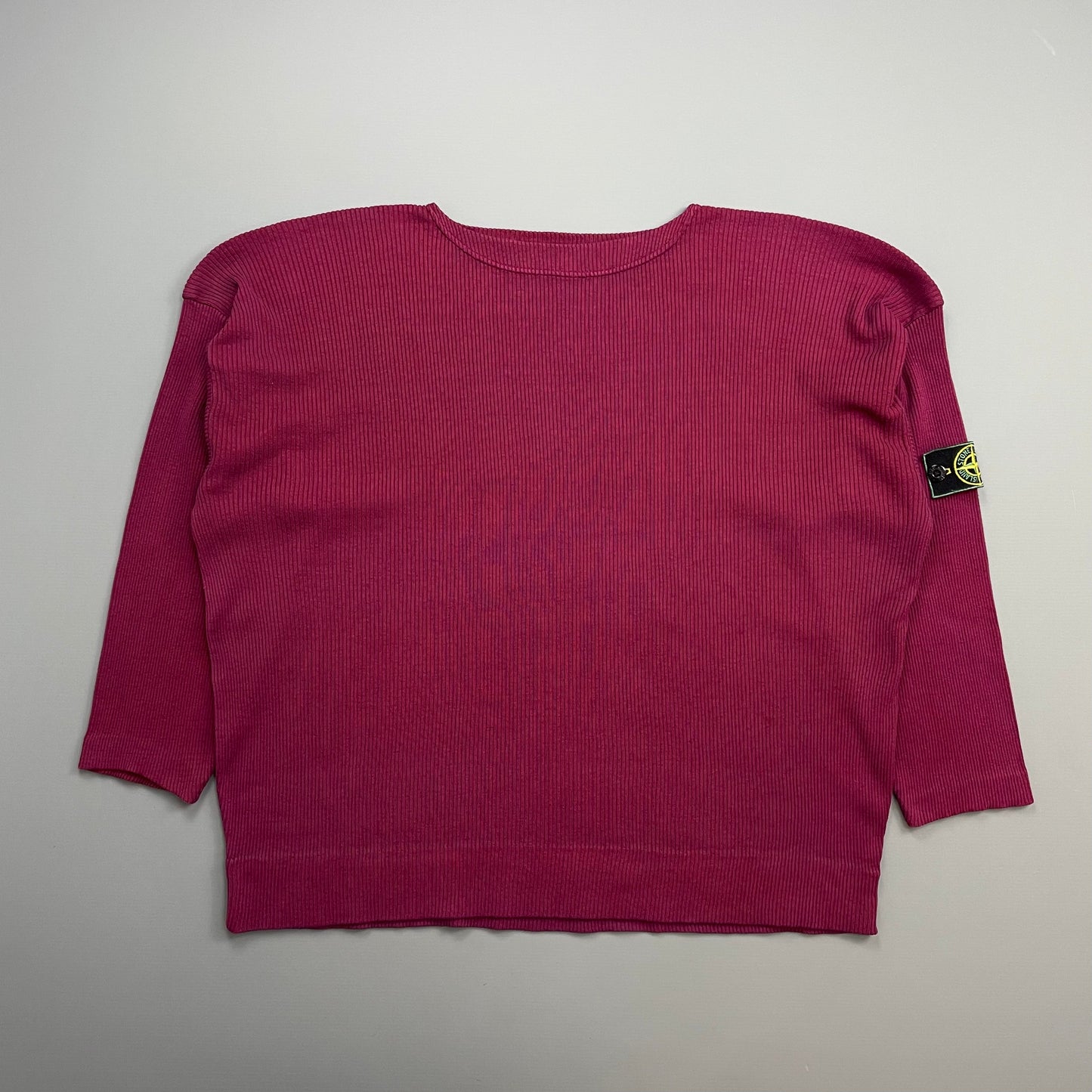 Stone Island Red 80s Ribbed Boat Neck Green Edge Badge Jumper | Large, Green