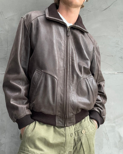 90's Brown High Collar Leather Jacket - L
