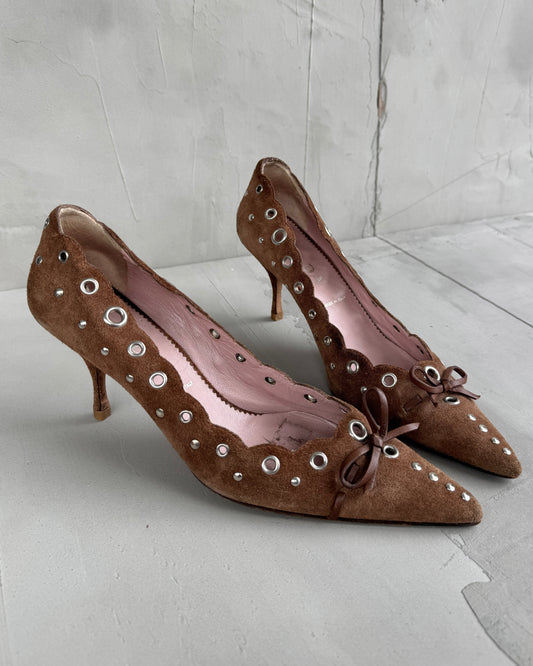 PRADA SUEDE EYELET & BOW HEELS - EU37