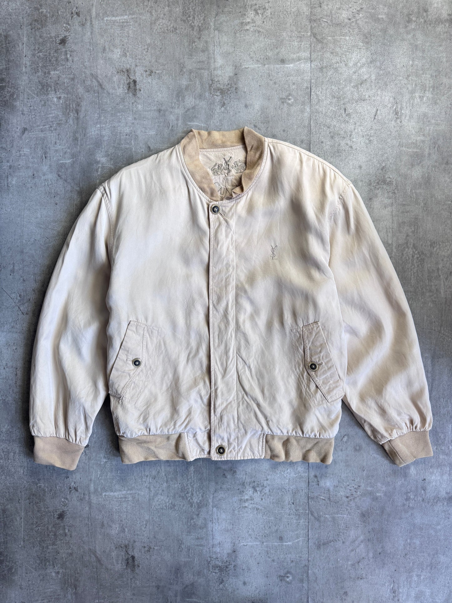 YSL Beige Logo Embroided Bomber Jacket
