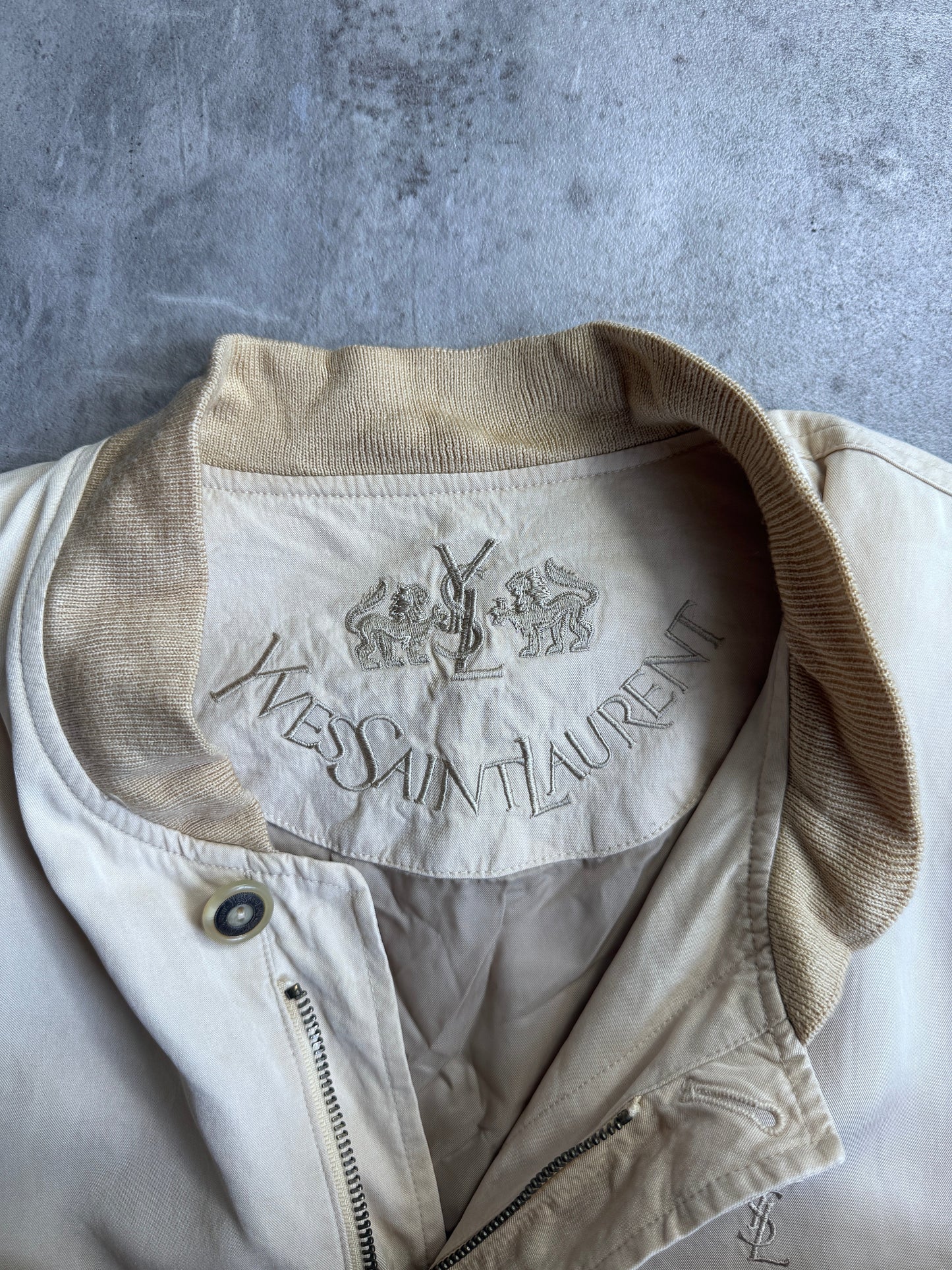 YSL Beige Logo Embroided Bomber Jacket