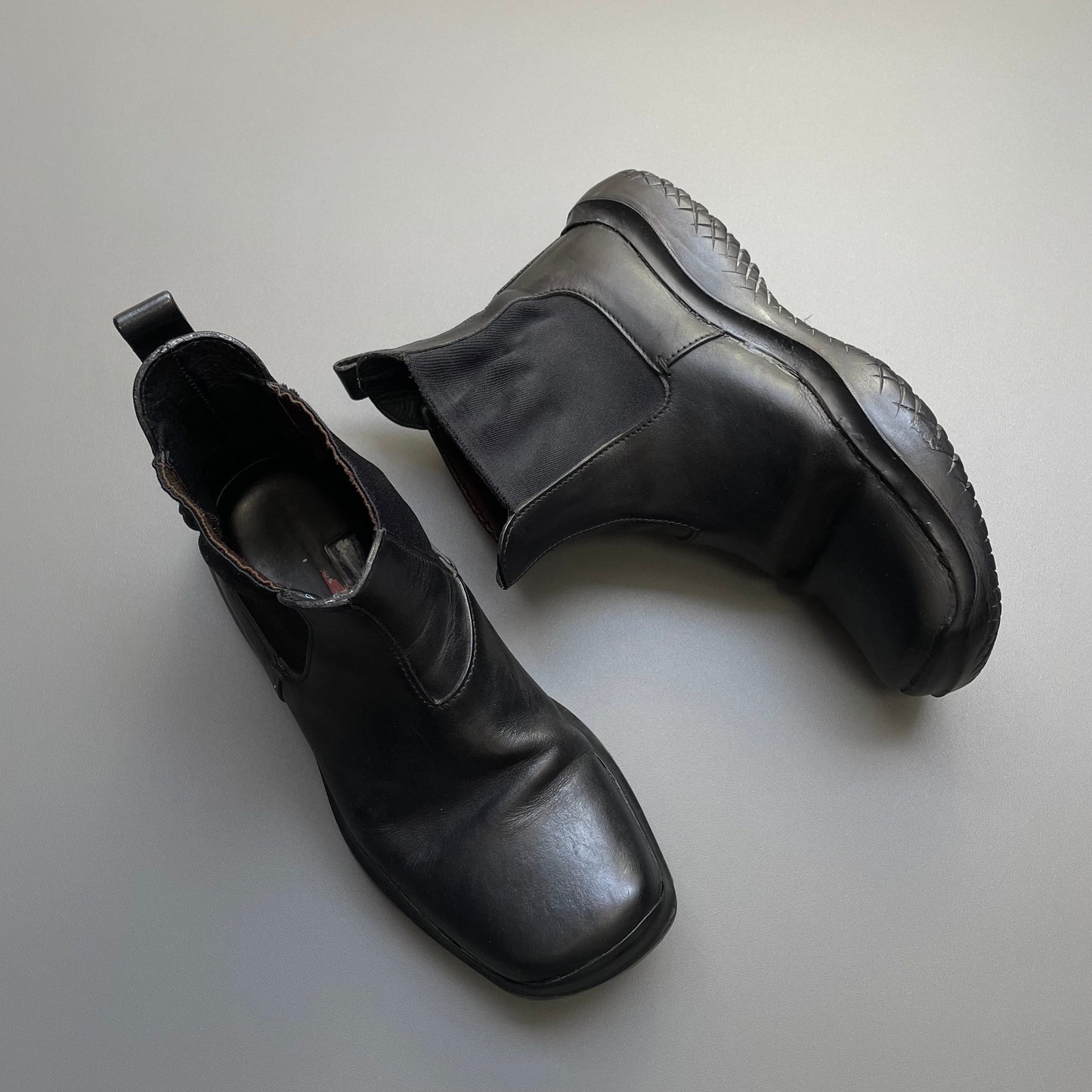 Prada Sport Black FW99 Runway Leather Square Toe Vibram Chelsea Boots | MEDIUM, Black