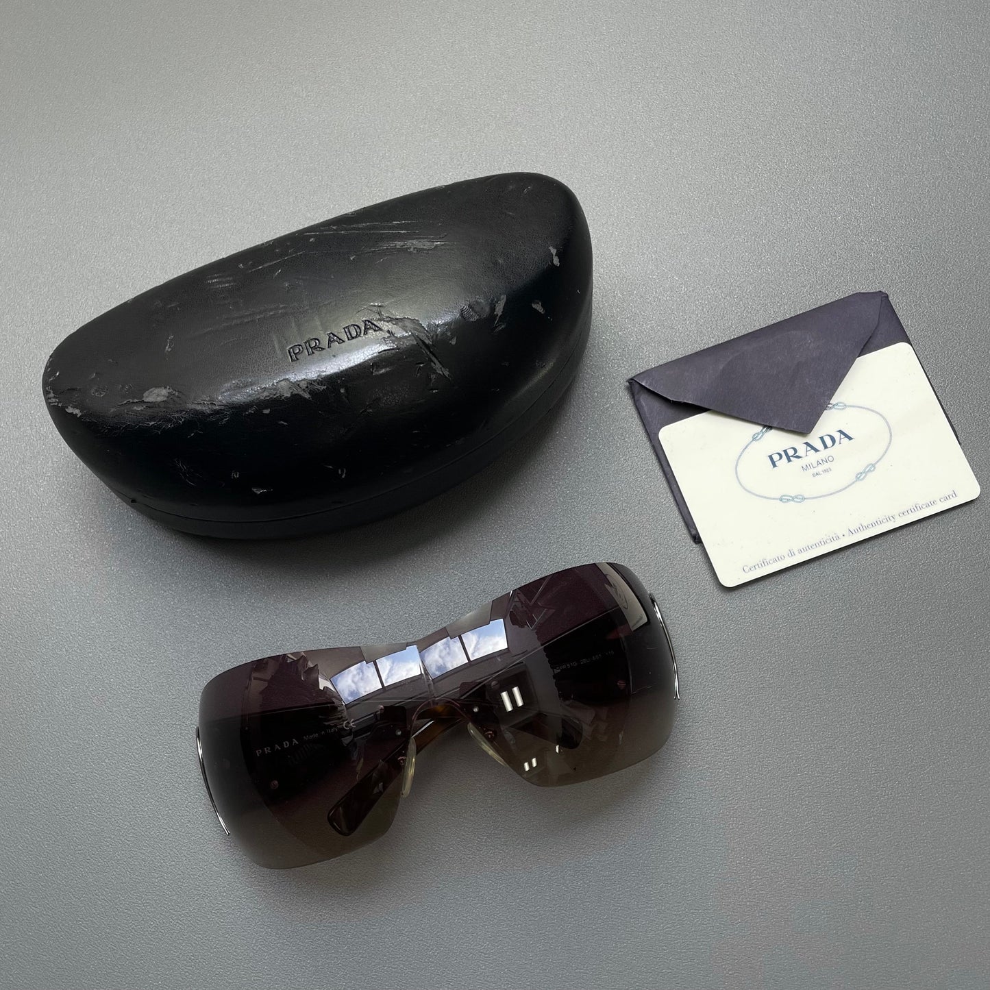Prada Brown & Silver 00s Tortoise Shell Shield Sunglasses | O/S, Brown
