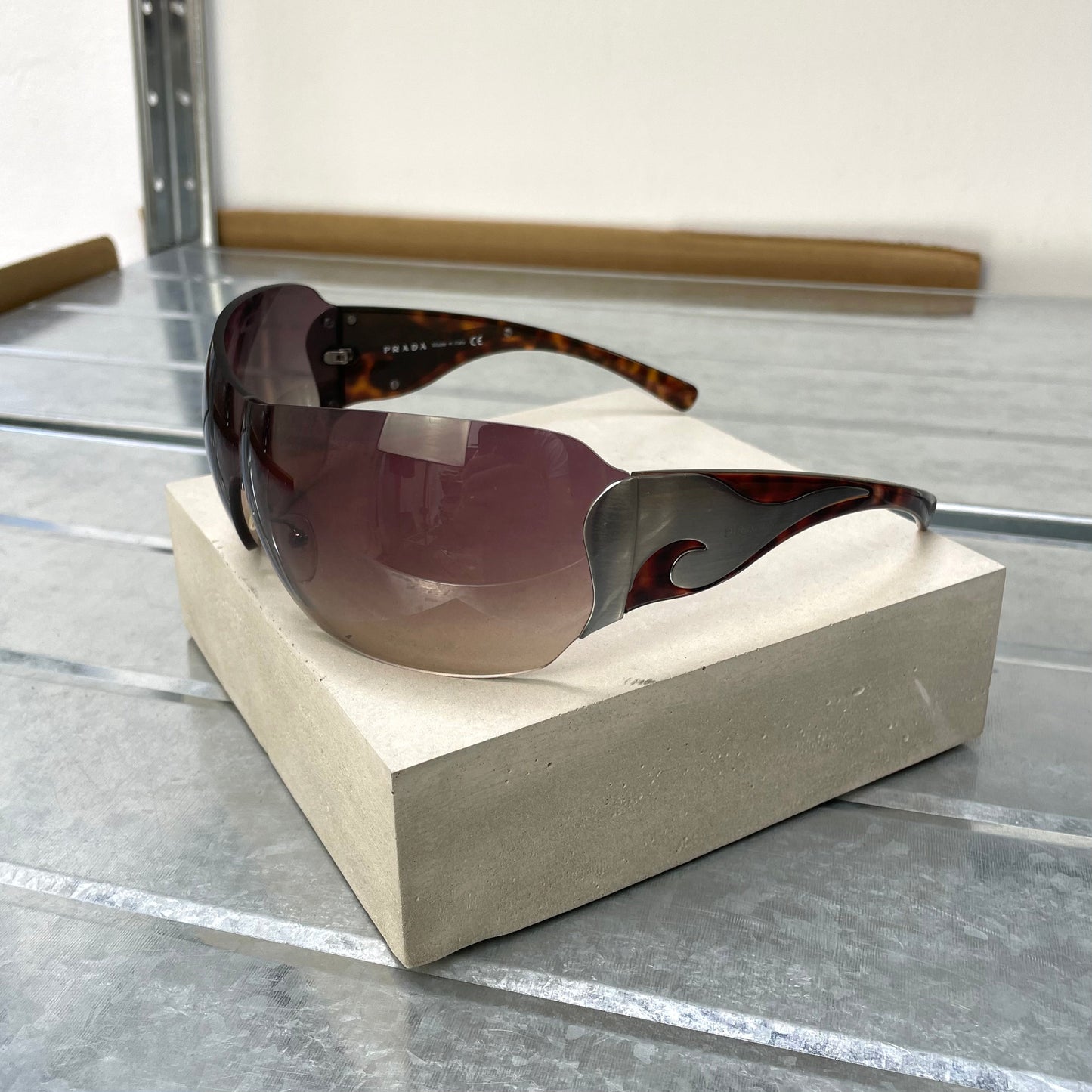 Prada Brown & Silver 00s Tortoise Shell Shield Sunglasses | O/S, Brown