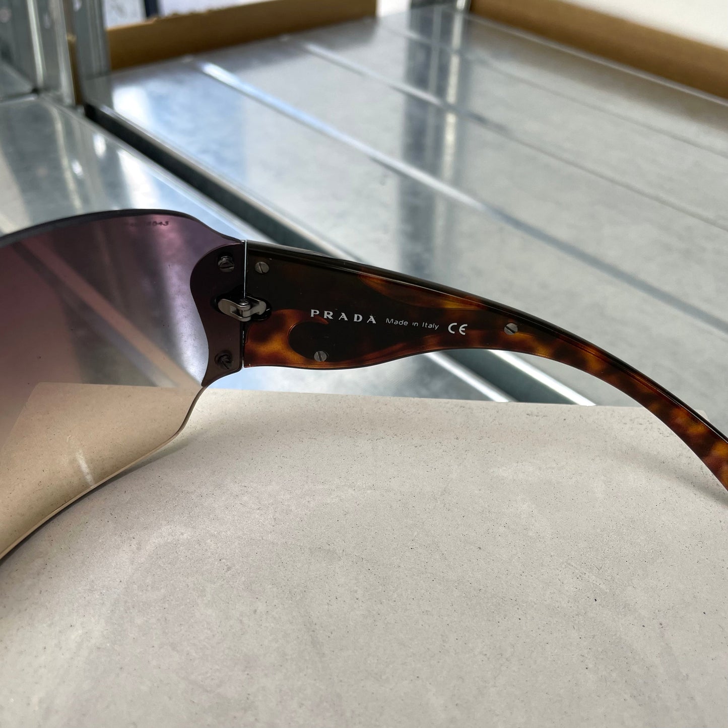 Prada Brown & Silver 00s Tortoise Shell Shield Sunglasses | O/S, Brown