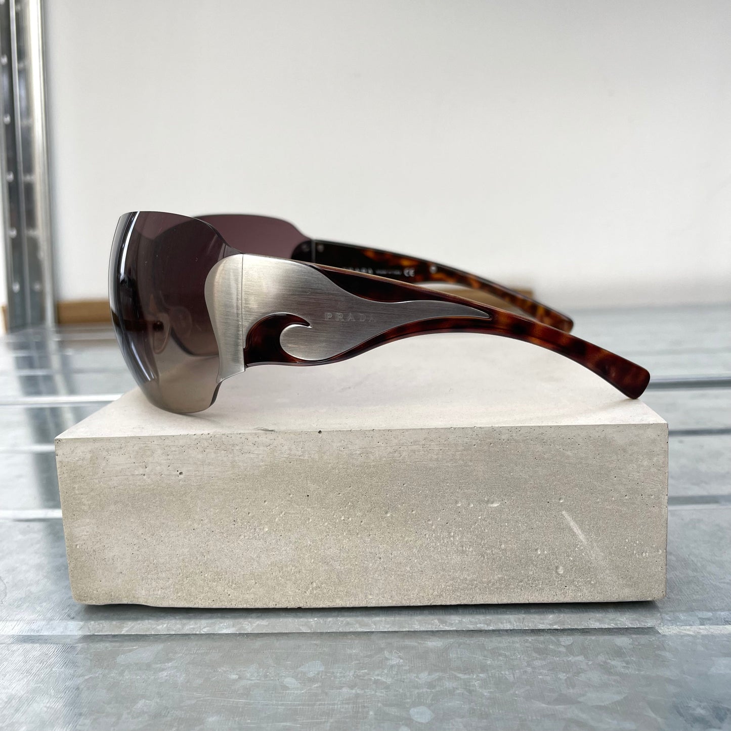 Prada Brown & Silver 00s Tortoise Shell Shield Sunglasses | O/S, Brown